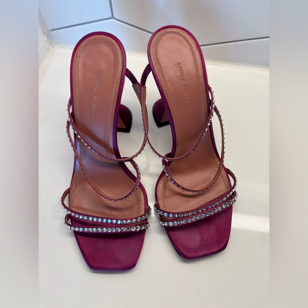 Amina Muaddi Pink Strappy crystal Heels 6